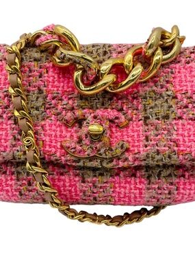 Chanel Pink / Beige 2022 Quilted Wool Tweed Chain Small Flap Bag with Gold Hardw